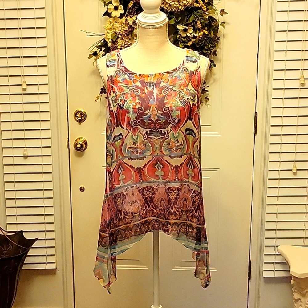 Live and Let Live pink aqua white lace scarf look sleeveless top Medium EUC…